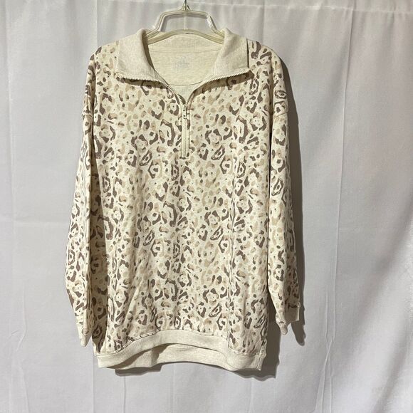 Aerie Small Oversized Animal Print Leopard Cream Brown Collared Sweater‎ V Neck - Picture 5 of 10